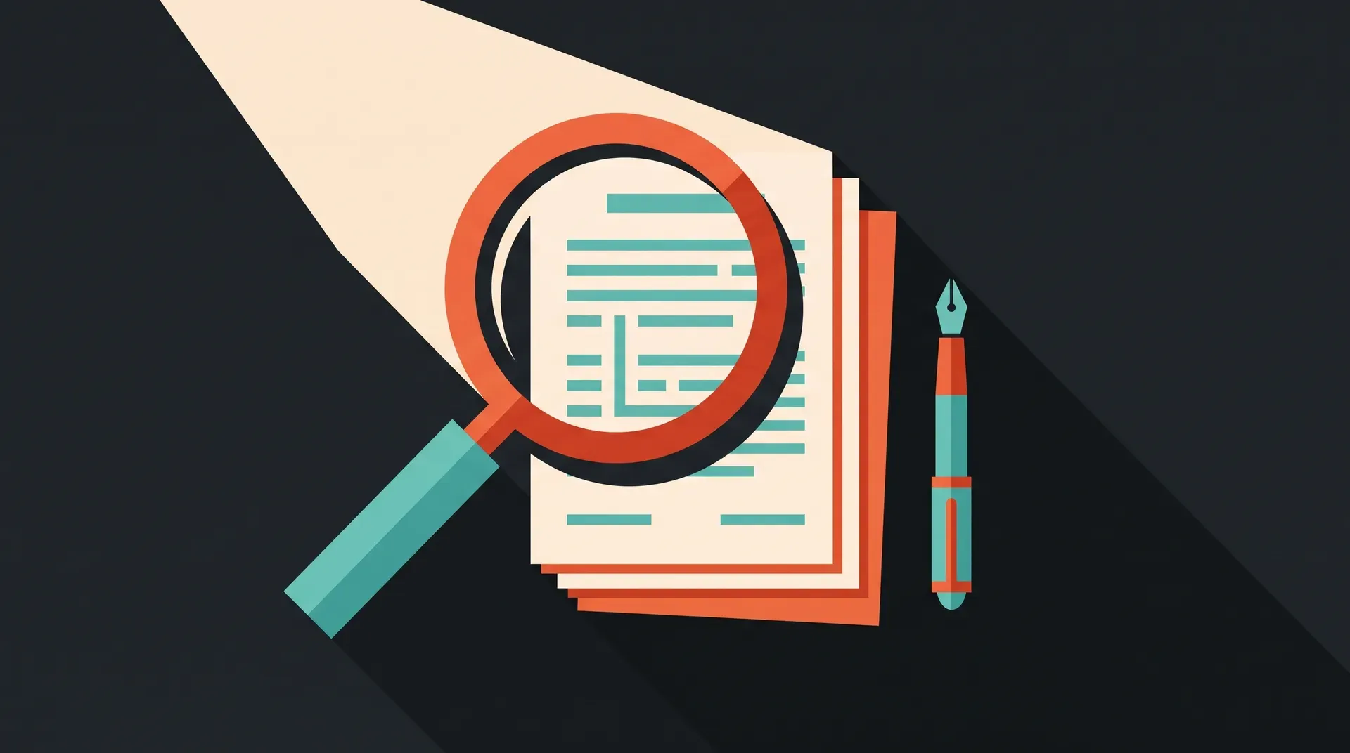 Illustration à plat d'une loupe géométrique examinant une pile de contrats, un stylo posé à côté