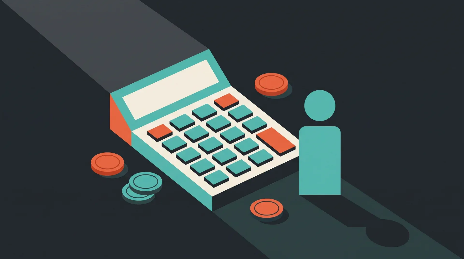 Illustration à plat d'une calculatrice géométrique entourée de pièces et d'une silhouette de client stylisée