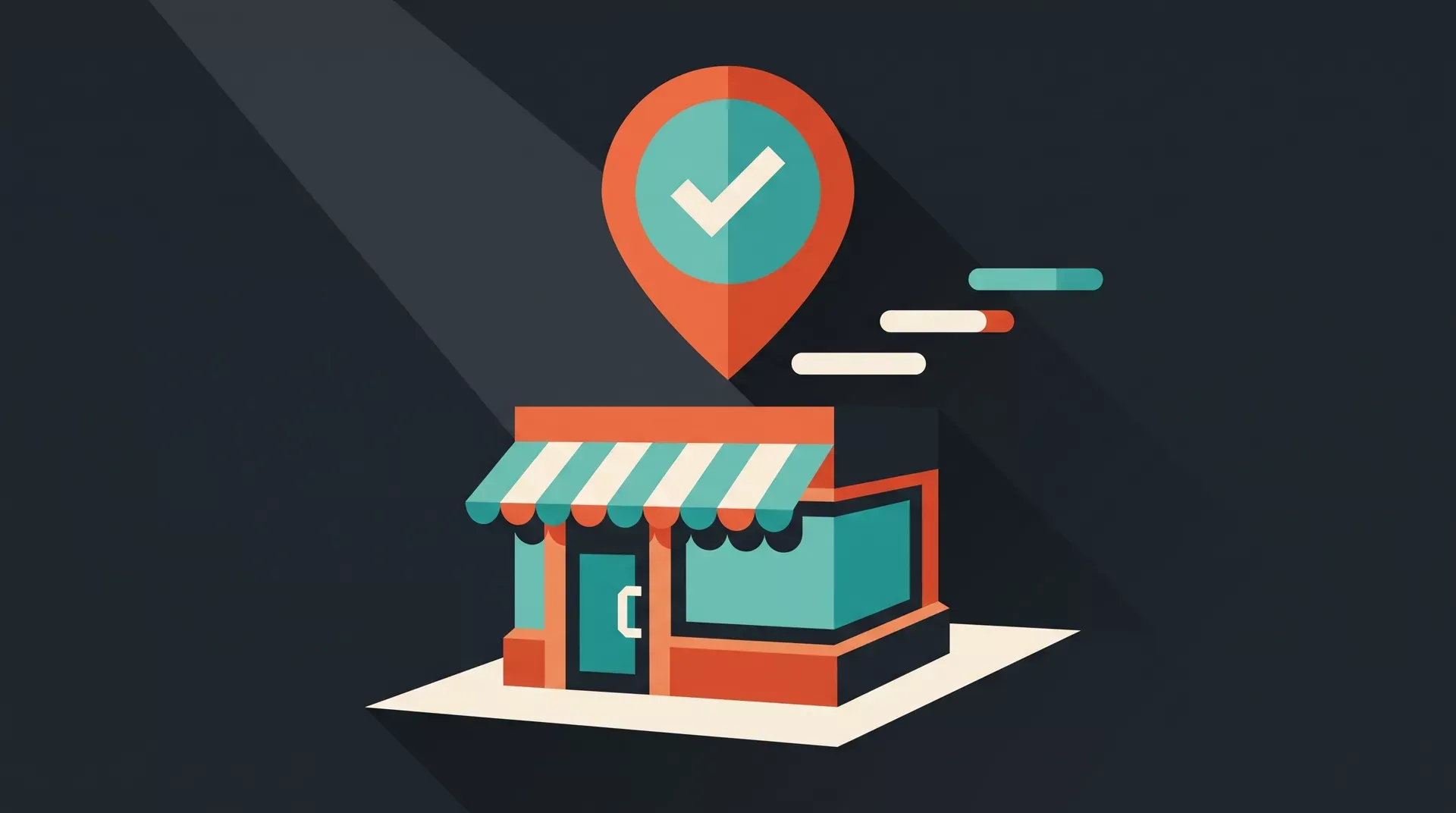 Illustration à plat d'une devanture de commerce géométrique surmontée d'un repère de localisation validé