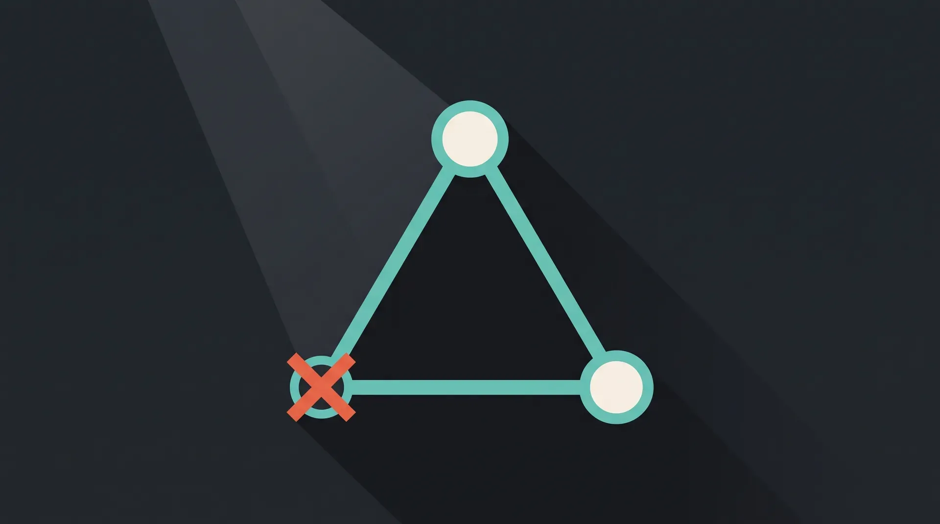 Illustration à plat d'un triangle dont les trois sommets portent chacun un point, l'un barré, évoquant un compromis à trois options impossible