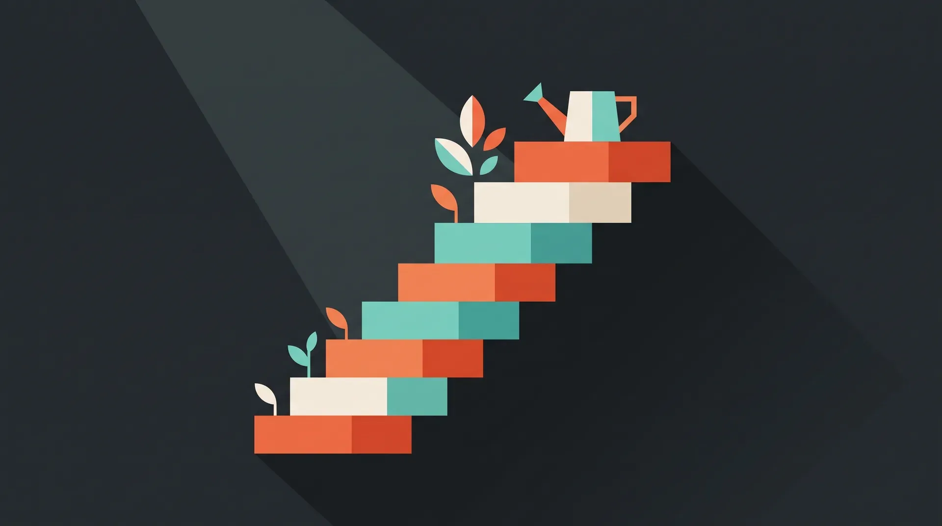 Illustration à plat d'un escalier de blocs ascendants avec un petit arrosoir et quelques feuilles qui poussent sur les marches